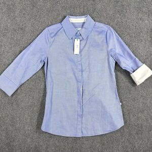 Perlavera Blouse Womens XS Blue Top Flip Cuff 3/4 Sleeve Button Up NEW